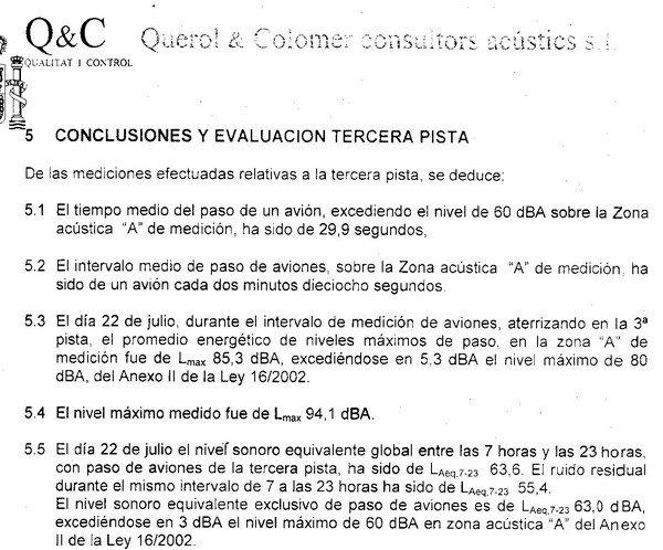 Conclusiones de la empresa QUEROL&COLOMER sobre el estudio sonométrico realizado en una vivenda de la caller L'Escala, 4 de Gavà Mar el 22 de julio de 2005